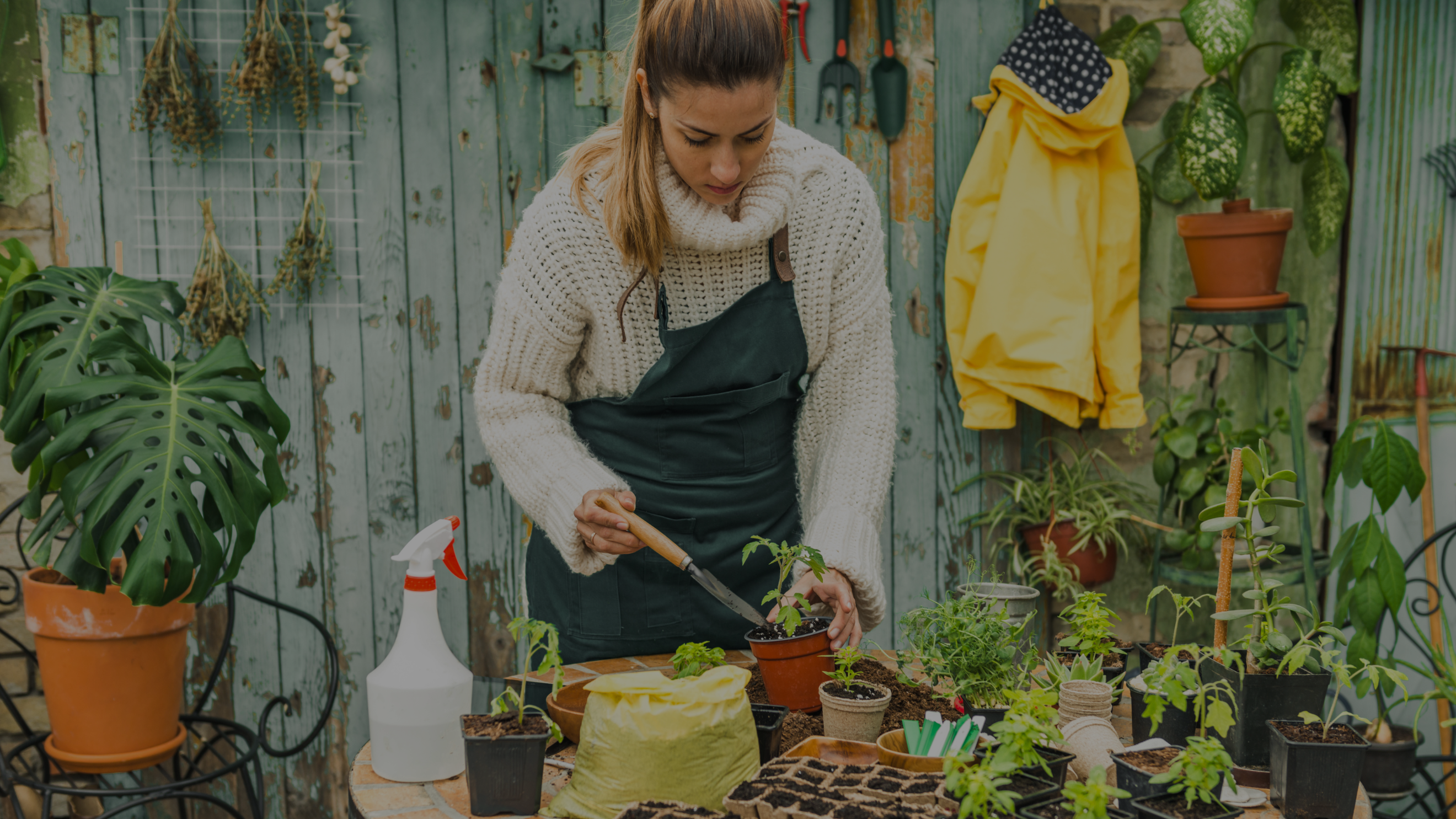 Woman in apron planting seedlings at rustic garden potting bench