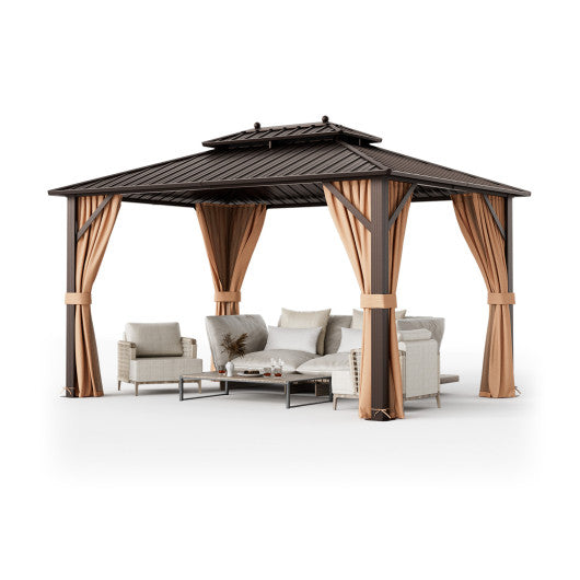 10x13ft Double Roof Hardtop Gazebo with Curtains and Netting