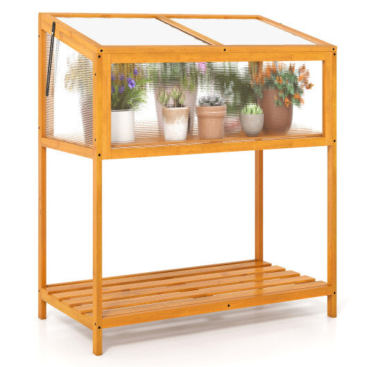 Wood Cold Frame Greenhouse with Openable Roof and Storage Shelf
