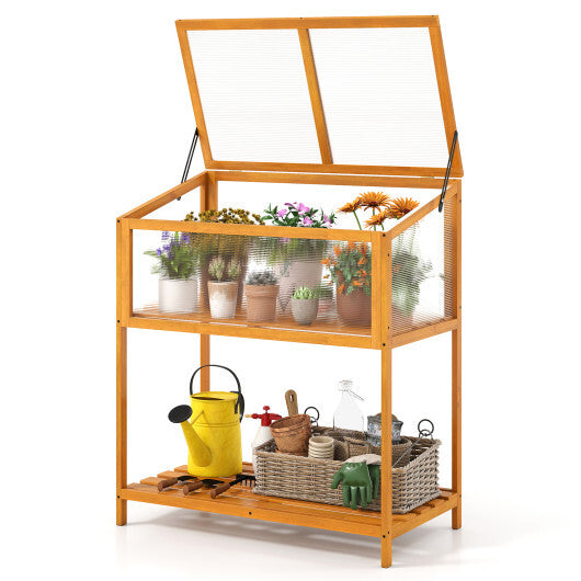 Wood Cold Frame Greenhouse with Openable Roof and Storage Shelf