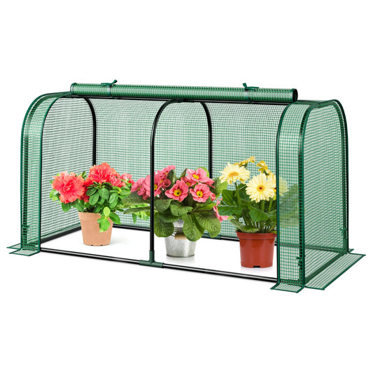 Mini Tunnel Greenhouse with Roll-up Zipper Door-Green