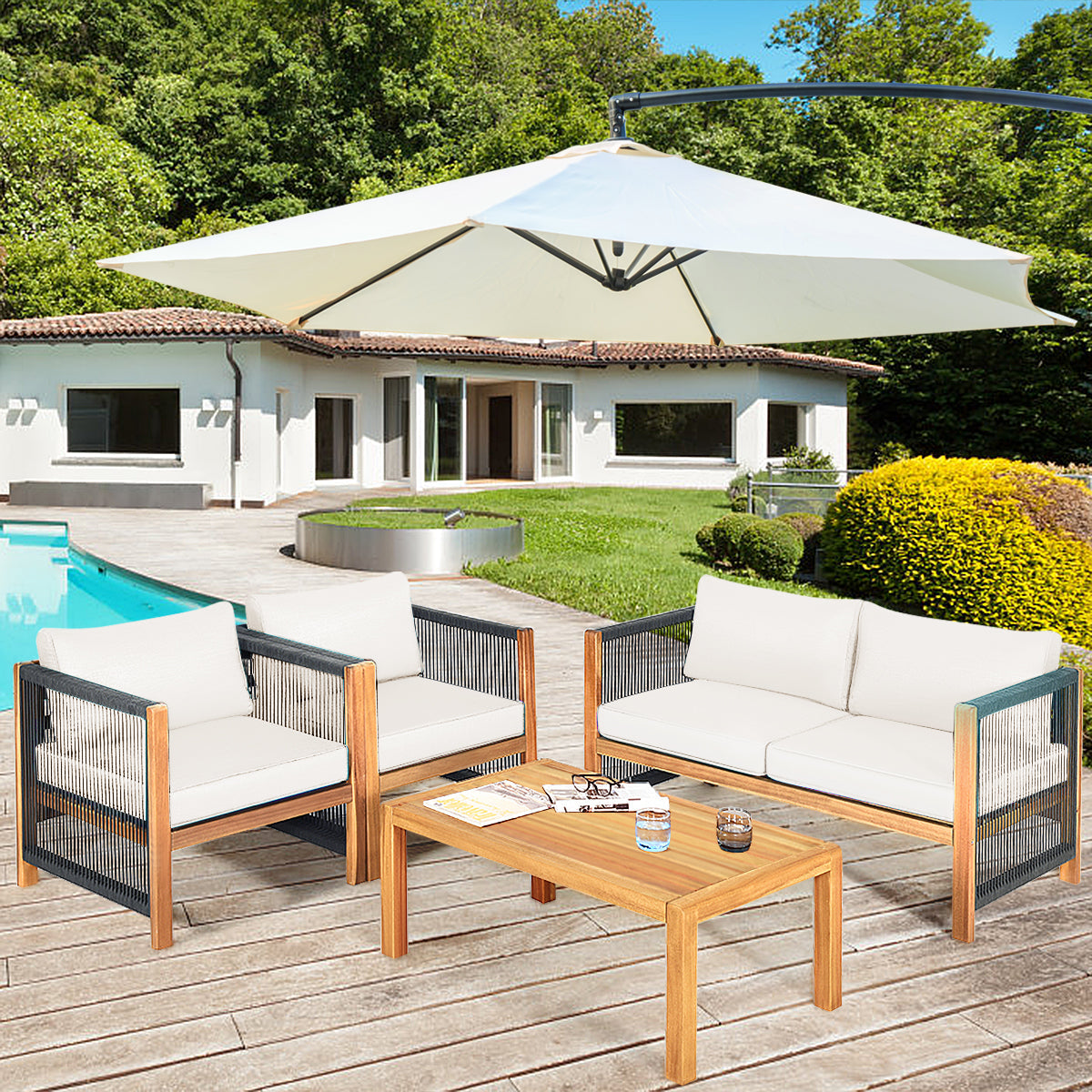 4 Pieces Wood Outdoor Patio Furniture Set with Cushions for Garden-Turquoise