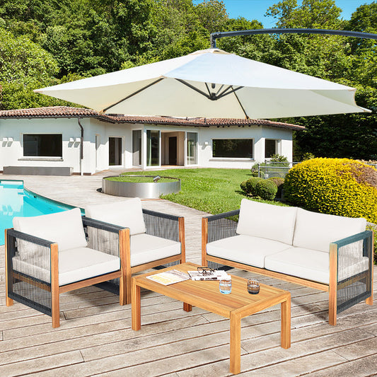4 Pieces Wood Outdoor Patio Furniture Set with Cushions for Garden-Turquoise